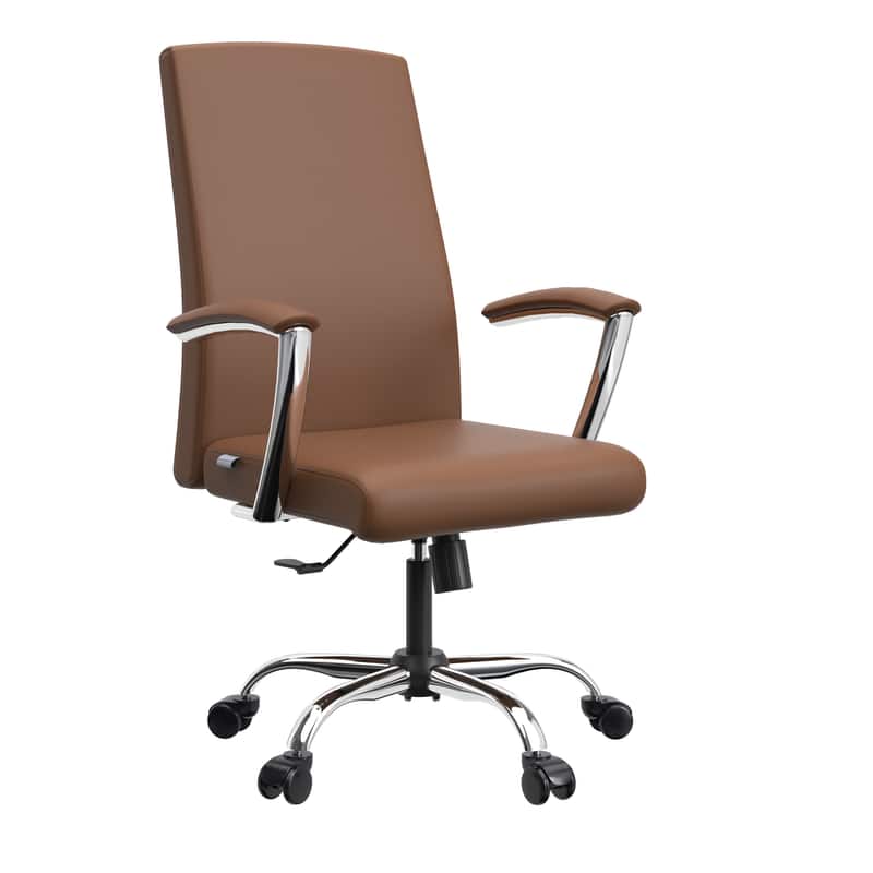LeisureMod - Evander Modern Office Chair with Faux Leather, Aluminum Frame, Foam Seat, Swivel & Fixed Arms - Dark Brown