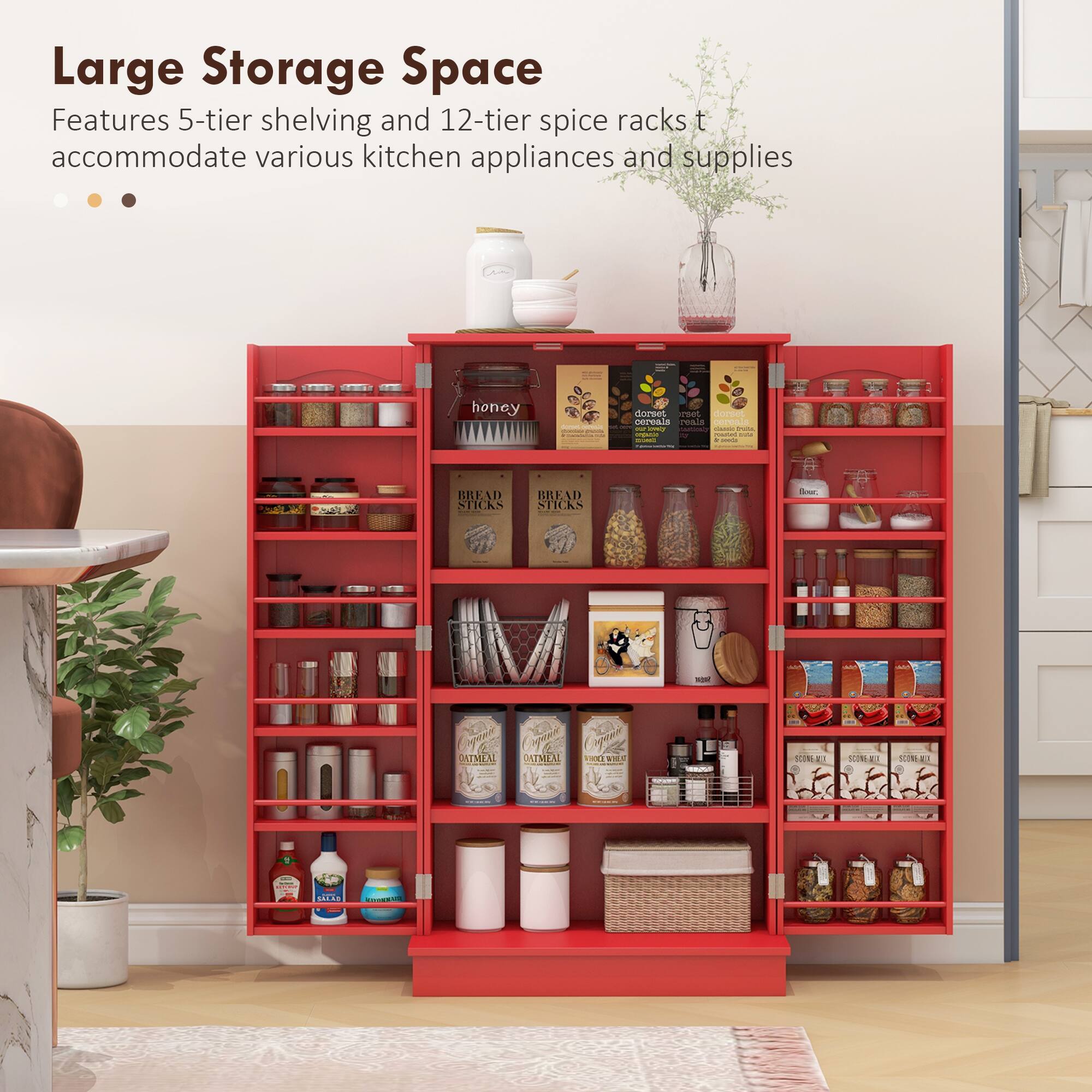 Large Storage Space
Features 5-tier shelving and 12-tier spice racks to accommodate various kitchen appliances and supplies
- 1 honey
- domes
- seseur rereais
- cereal
- BREAD STICKS
- 5
- Sy R C
- GREMEAL
- DATMLAL
- SO3LE
- SINLE
- SUON