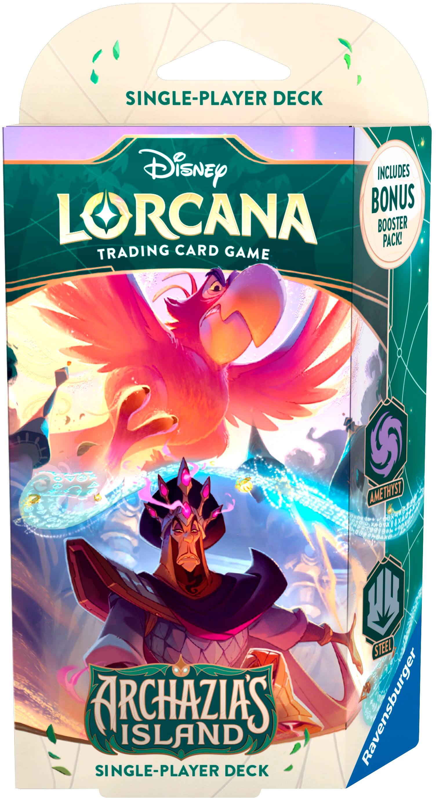 The image features a single-player deck of the Disney trading card game Lorcana, which includes a bonus Lorcana booster pack. The game is set on Amethyst Archazias Island, and the deck is designed for single-player use. The packaging also includes a steel Ravensburger card.