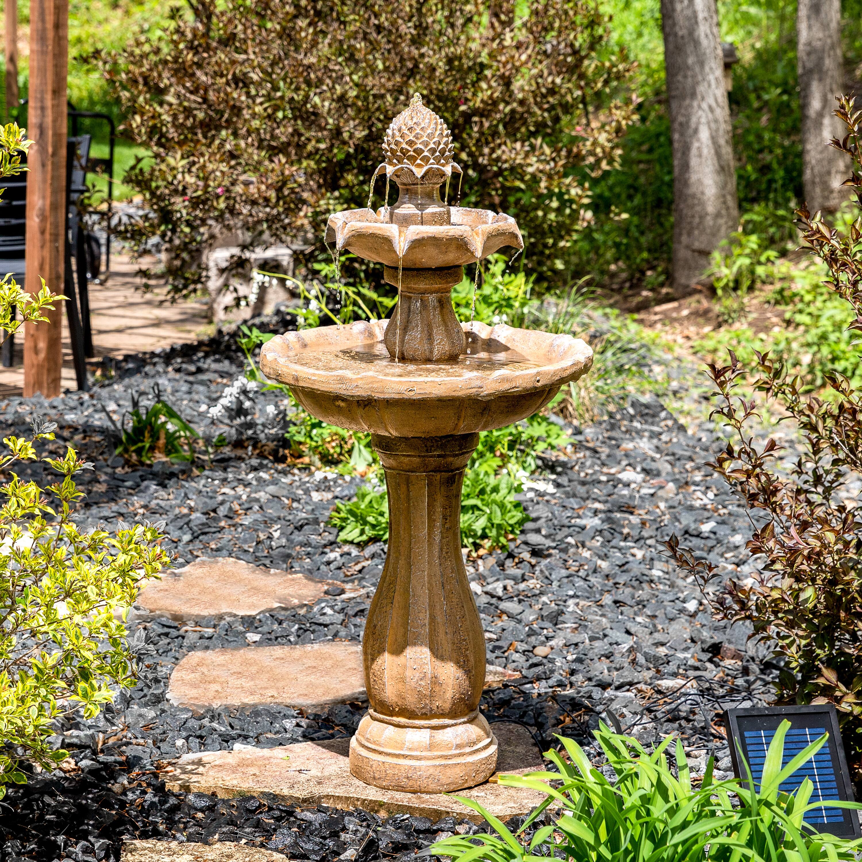 Alt View 6. Sunnydaze - Pineapple Outdoor 2-Tier Solar Fountain with Battery - Earth.
