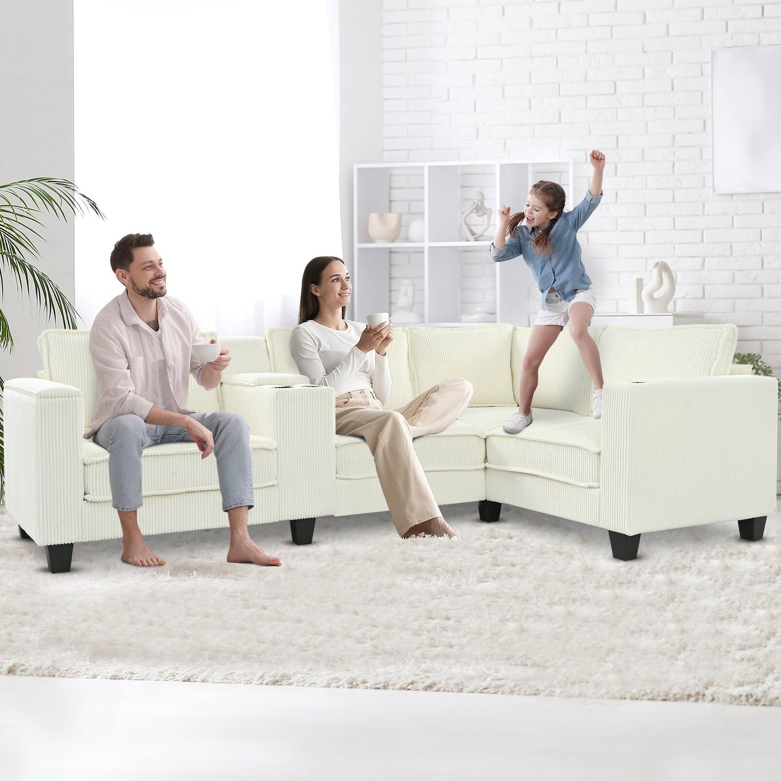 Angle. Anysun - L-Shape 4-Seat Corduroy Sofa with Storage Armrests, Center Console & USB Charging. - Beige.