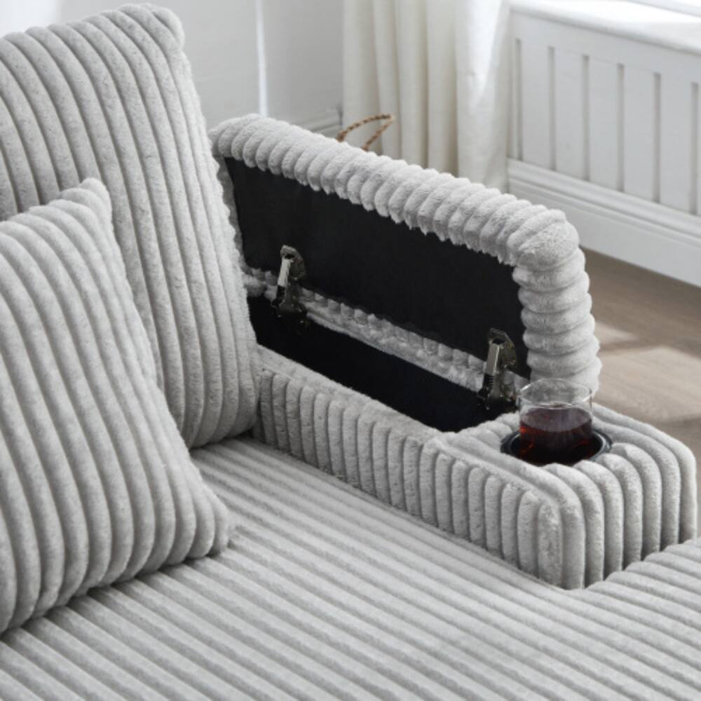 Back. LUCKY ONE - 75.5" Modern Chaise Lounge Sofa Loveseat w/ Adjustable Backrest Storage Cup Holders - Grey.