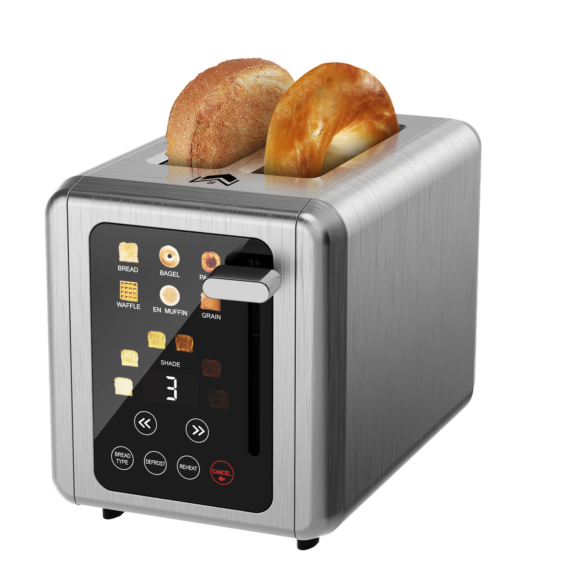 WUNLY - Touch screen Toaster 2 slice,Stainless Steel Digital Timer Toasters with Sound Function,Defrost,Brushed steel - Gray