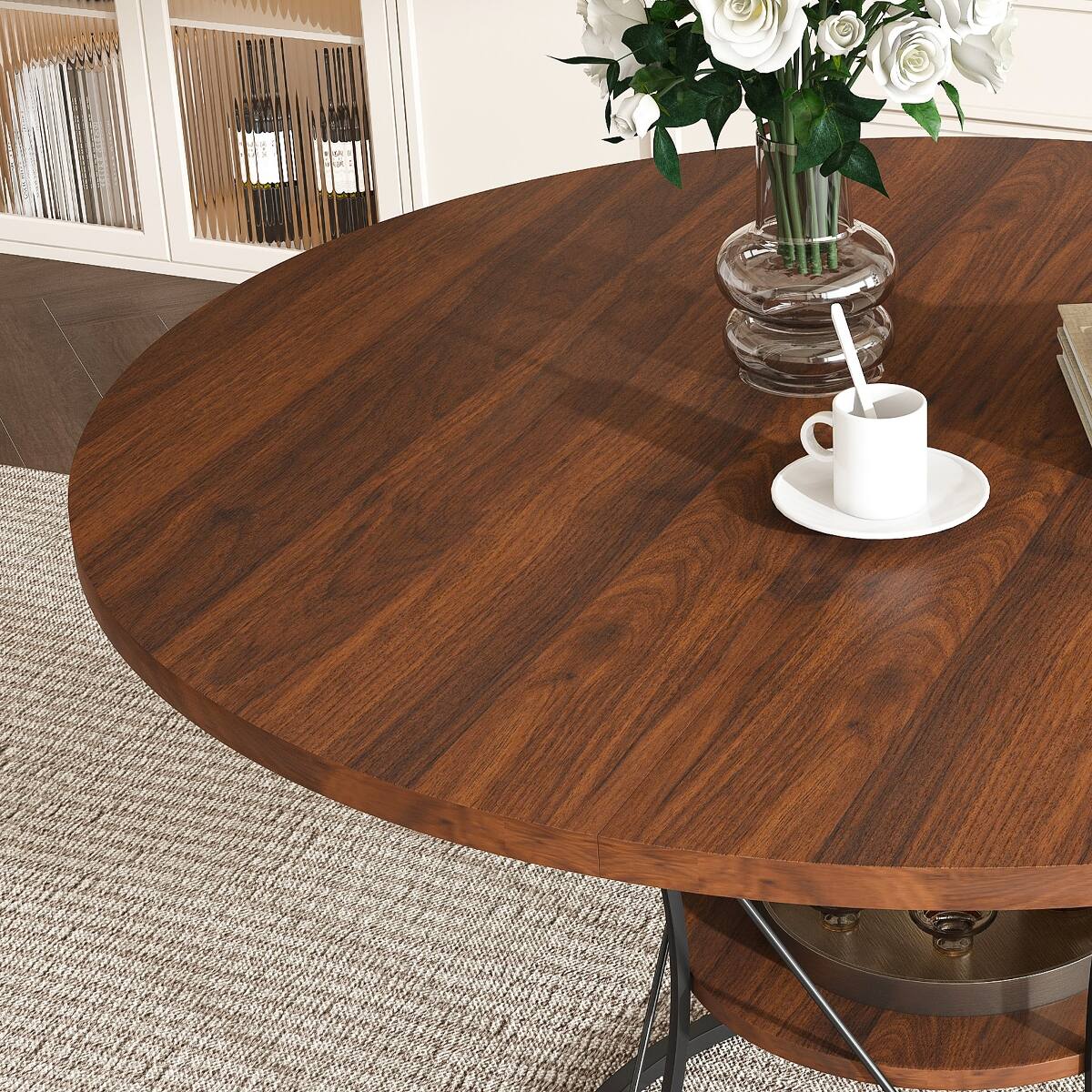 Alt View 10. Loheer - Loheer 43 to 59 inch Extendable Round Dining Table, Walnut Veneer, Black Metal Base - Brown and black.
