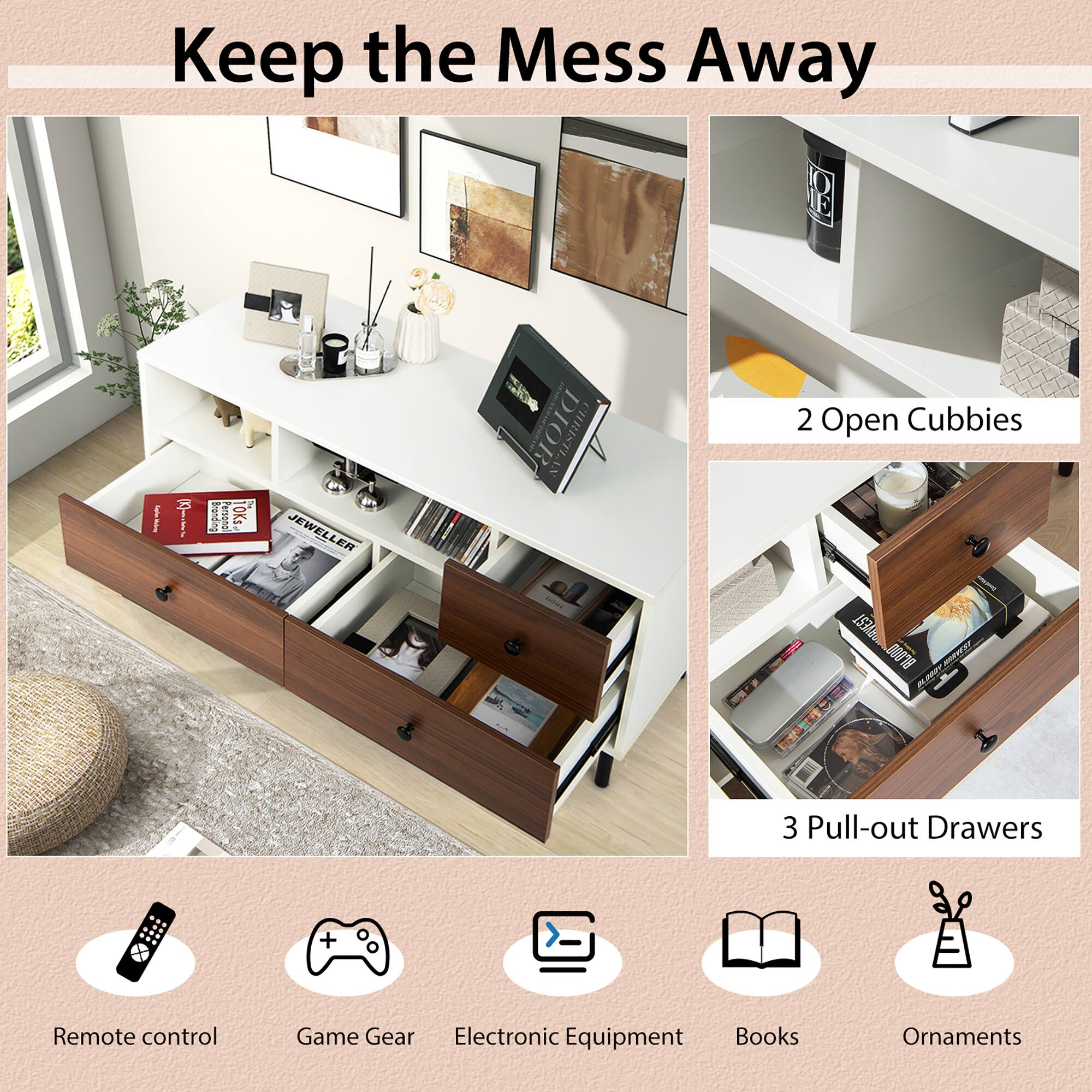Keep the Mess Away 1. Erin's -ir Supputg outta, 10Ks Jeweller Dior Christl 2. Open Cubbies 3. Pull-out Drawers + Remote control Game Gear Electronic Equipment Books Ornaments