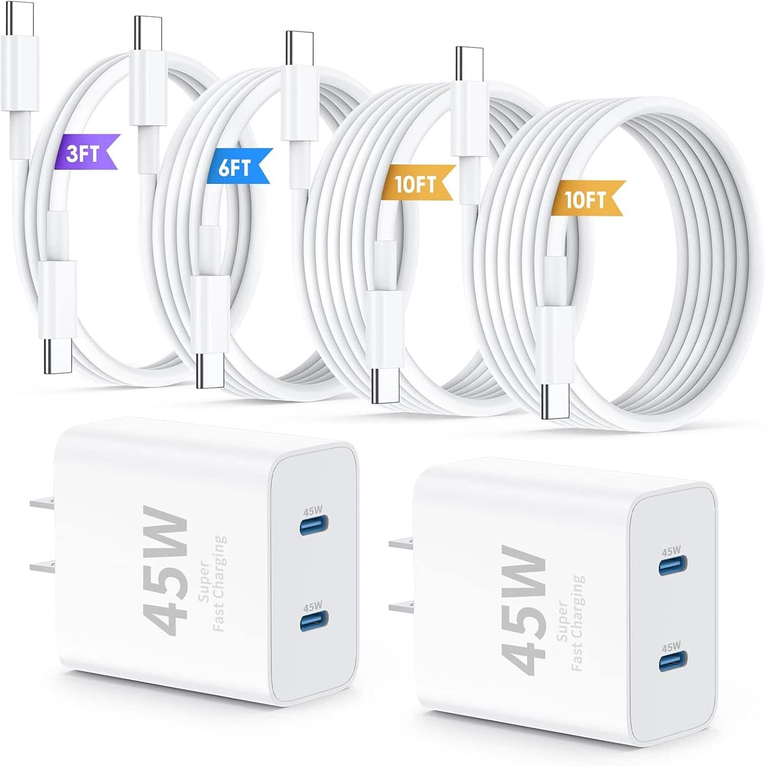 MOSZAR LLC - [2-Pack] 45W USB-C Fast Charger Block + 60W USB-C Cable (3/6/10/10FT) for iPhone 16/15 Pro Max - White