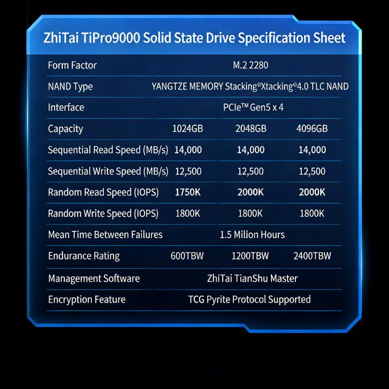 ZhiTai TiPro9000 Solid State Drive Specification Sheet

Form Factor: M.2 2280

NAND Type: YANGTZE MEMORY Stacking Xtacking 4.0 TLC NAND

Interface: PCIe™ Gen5 x 4

Capacity: 1024GB, 2048GB, 4096GB

Sequential Read Speed (MB/s): 14,000

Sequential Write Speed (MB/s): 12,500

Random Read Speed (IOPS): 1750K, 2000K, 2000K

Random Write Speed (IOPS): 1800K, 1800K, 1800K

Mean Time Between Failures: 1.5 Million Hours

Endurance Rating: 600TBW, 1200TBW, 2400TBW

Management Software: ZhiTai TianShu Master

Encryption Feature: TCG Pyrite Protocol Supported