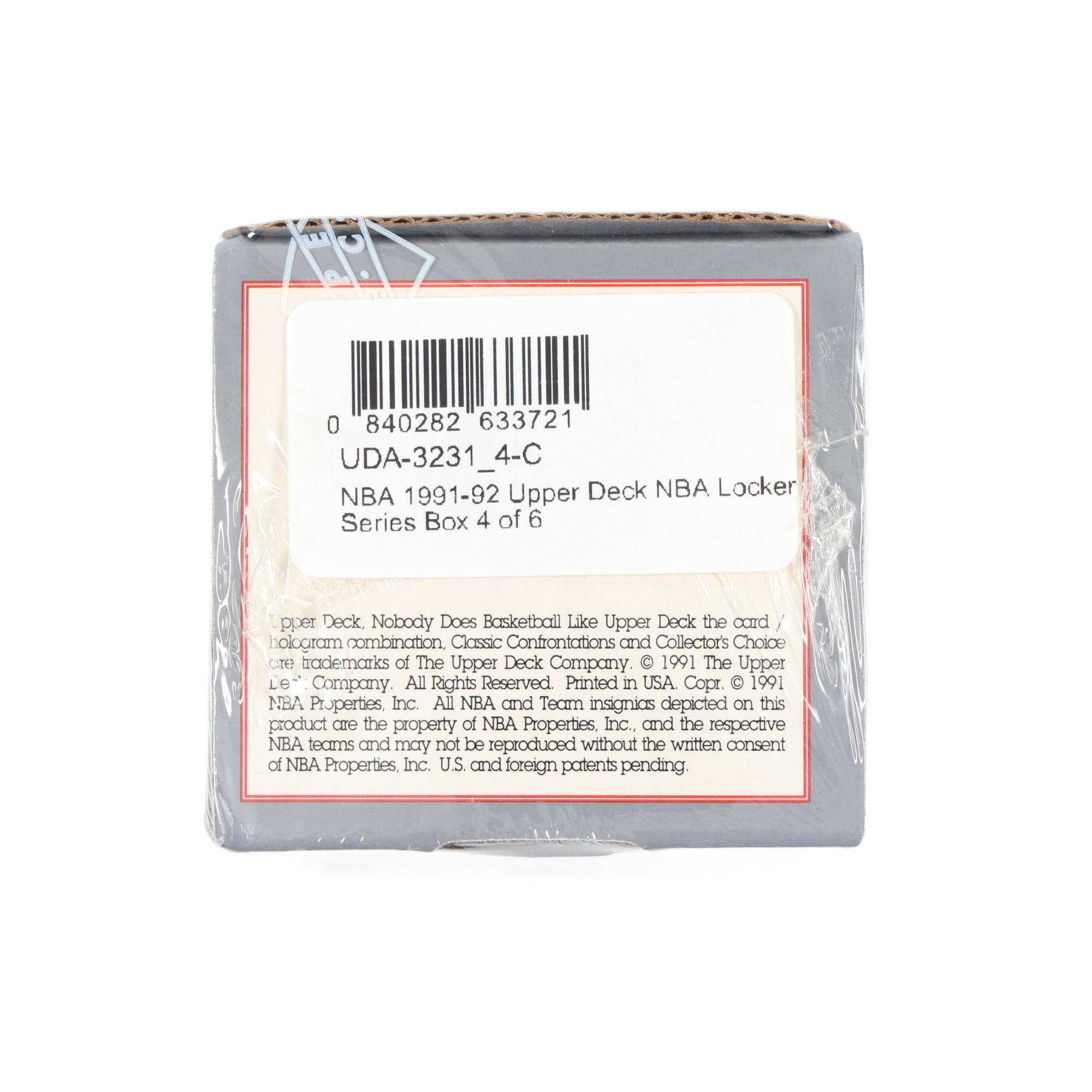 0 840282 633721  
UDA-3231_4-C  
NBA 1991-92 Upper Deck NBA Locker Series Box 4 of 6  

Upper Deck. Nobody Does Basketball Like Upper Deck. The card hologram combination, Classic Confrontations and Collector's Choice are trademarks of The Upper Deck Company. © 1991 The Upper Deck Company. All Rights Reserved. Printed in USA. © 1991 NBA Properties, Inc. All NBA and Team insignias depicted on this product are the property of NBA Properties, Inc., and the respective NBA teams and may not be reproduced without the written consent of NBA Properties, Inc. U.S. and foreign patents pending.