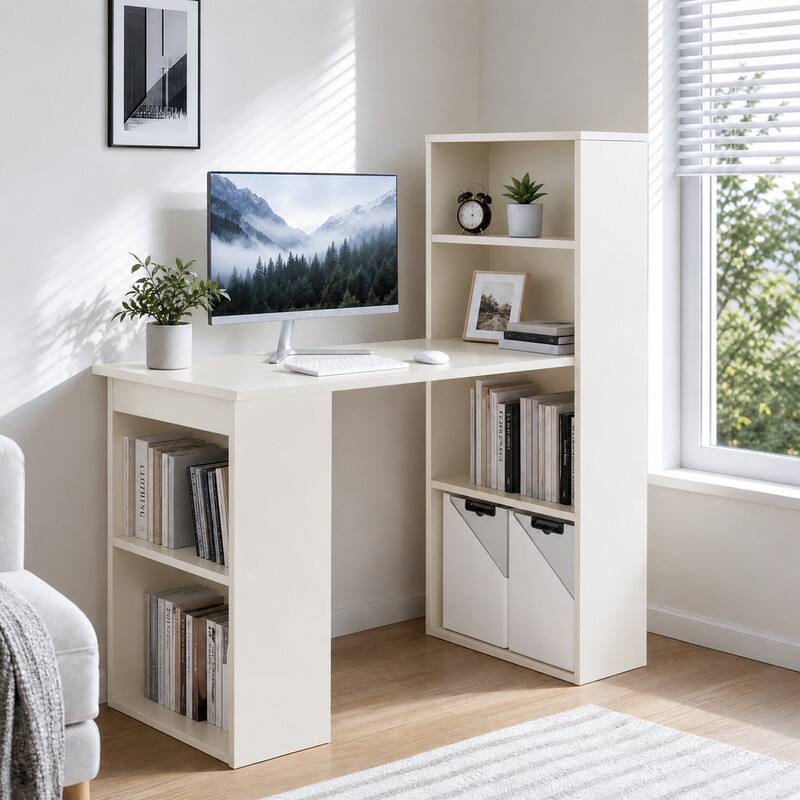 Angle. WELLFOR - 48" Computer Desk with 4-Tier Bookcase, Modern Reversible Home office Desk Writing Desk for Small Spaces - White.
