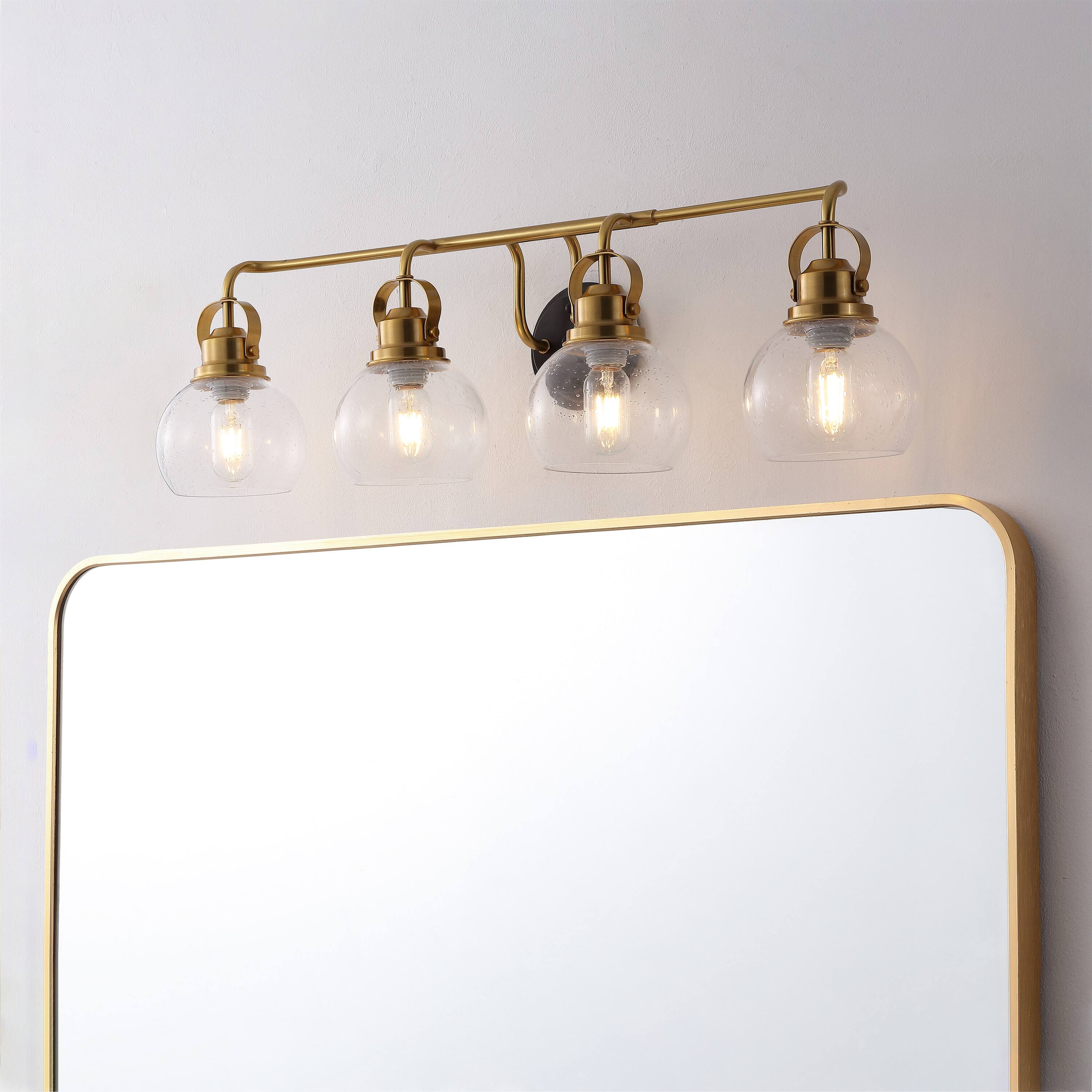 Alt View 1. Jonathan Y - Shirley 34" 4-light Farmhouse Metal LED Vanity Light with Seeded Glass Globe Shades, Brass Gold/Oil Rubbed Bronze - Brass Gold/Oil Rubbed Bronze.