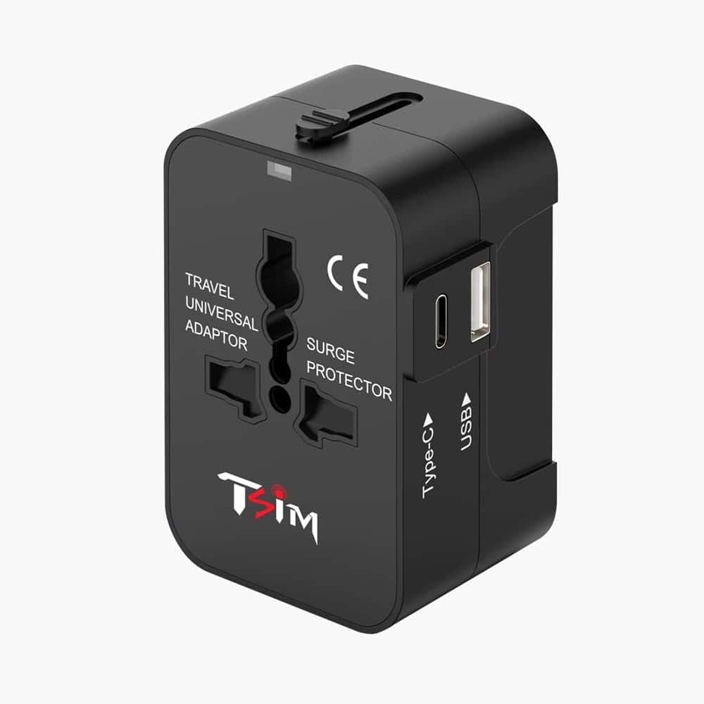 Schertz - Universal Travel Adapter w/ 1 USB & 1 USB-C 18W – US/EU/UK/AU/JP Plug - Black