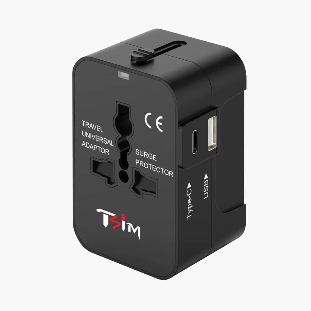 Schertz - Universal Travel Adapter w/ 1 USB & 1 USB-C 18W – US/EU/UK/AU/JP Plug - Black