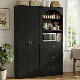 Aheaplus - 80" Arched Kitchen Pantry Sets: Wooden Cupboard, 3 Drawers, 9-Tier Shelves, Kitchen/Living Room ,Ships in 2 Packages - Black