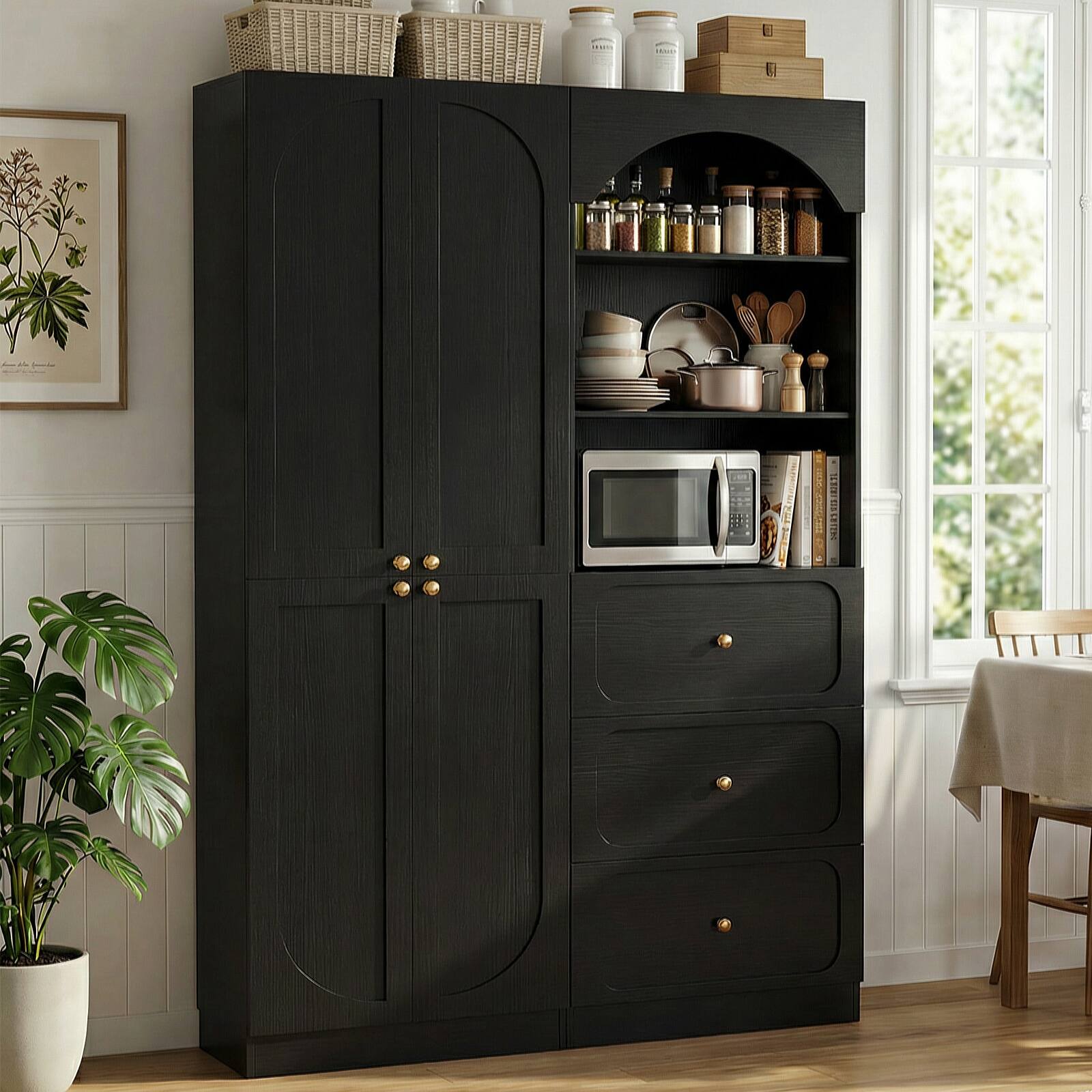 Back. Aheaplus - 80" Arched Kitchen Pantry Sets: 47" Wood Cupboard with 3 Drawers & 3-Tier Shelves, Wall-Fit for Kitchen/Living Room - Black.