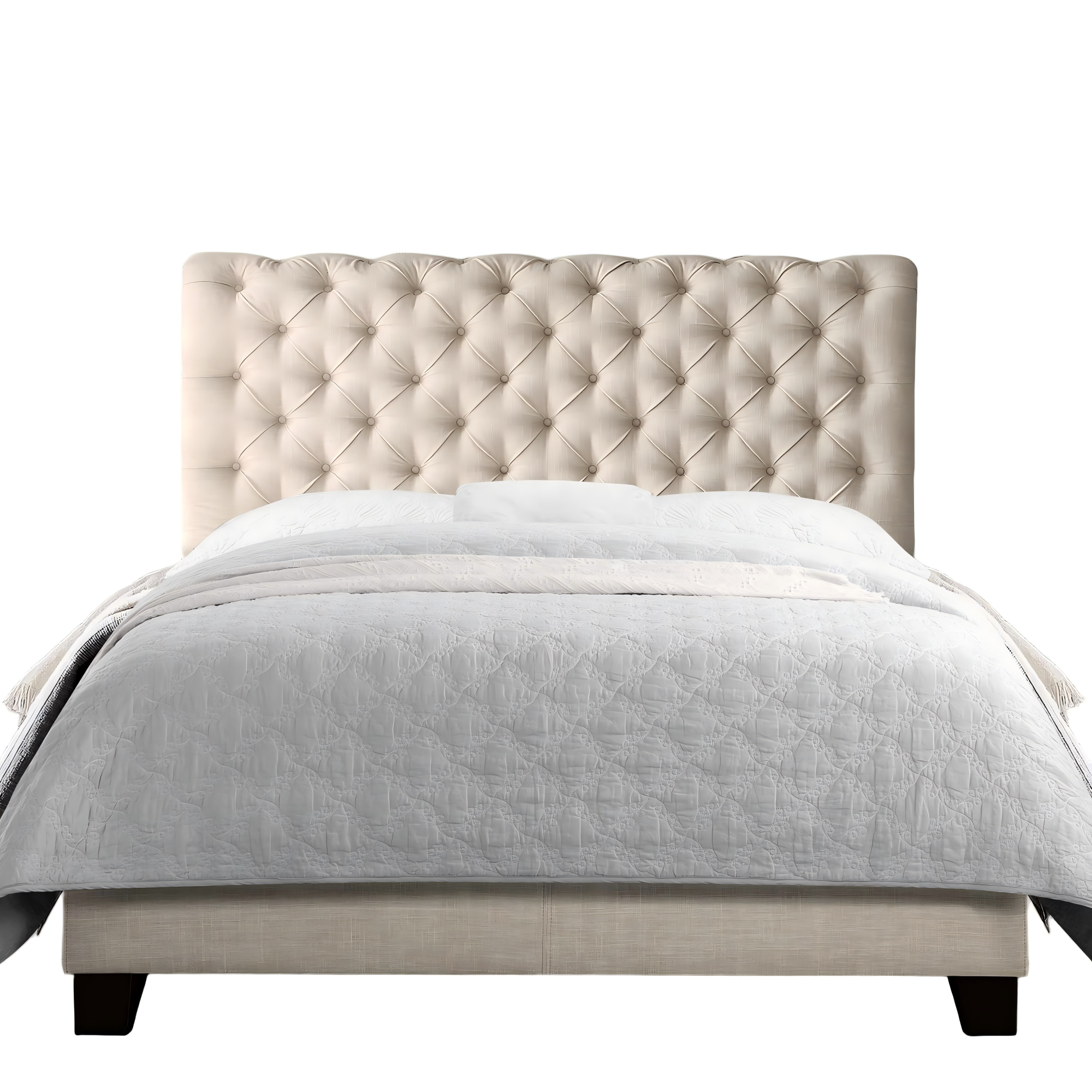 Front. Boyel Living - 64 in Luxury Upholstered Bed Frame with Solid Wood Frame in White - Off-white.