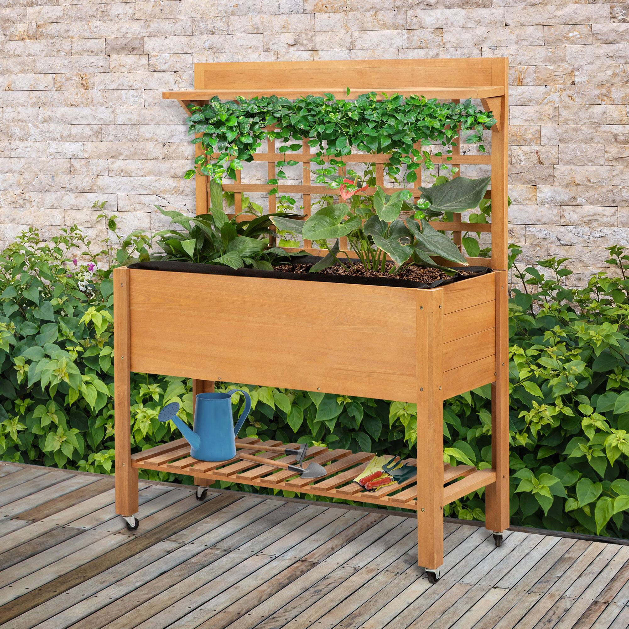 Alt View 1. Outsunny - Elevated Garden Raised Bed with Shelf and Wheels Solid Wood Planter Flower Herb - Brown.