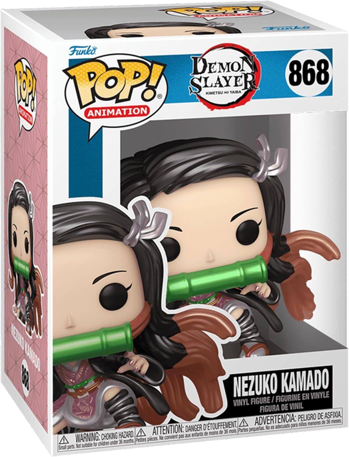 Sure, here is the corrected and grouped text from the image:

---

**Funko POP! Animation**

**Demon Slayer Kimetsu no Yaiba**

**868**

**Nezuko Kamado**

**Vinyl Figure / Figurine en Vinyle / Figura de Vinil**

**Warning: Choking Hazard**  
**Attention: Danger d'étouffement**  
**Advertencia: Peligro de asfixia**  
**Not suitable for children under 36 months**  
**Ne convient pas aux enfants de moins de 36 mois**  
**No es adecuado para niños menores de 36 meses**

---

This text is organized to reflect the information on the packaging accurately.