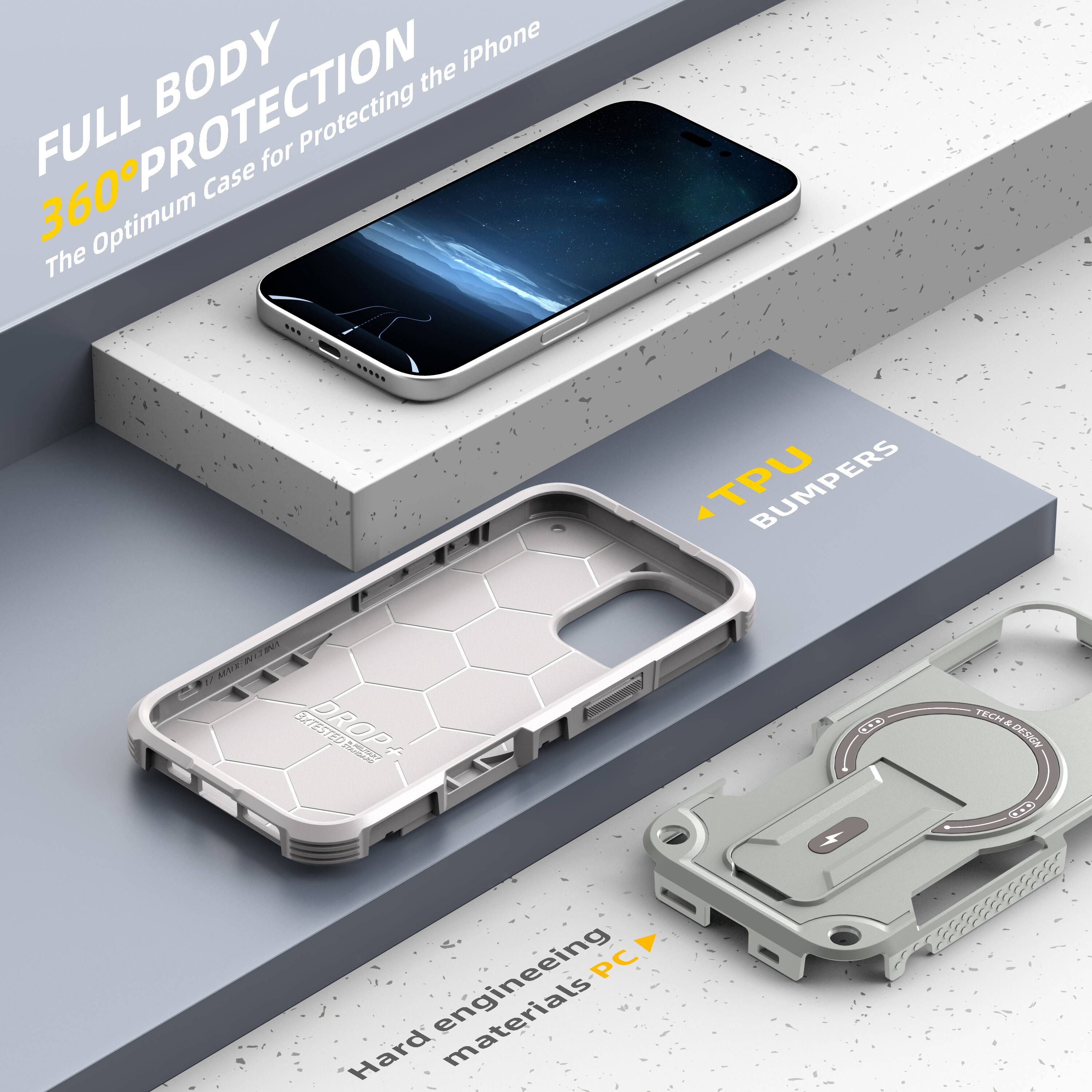 FULL BODY 360° PROTECTION  
The Optimum Case for Protecting the iPhone  

TPU BUMPERS  

Hard engineering materials PC  

TESTED DROP ENGINEERING & TECH DESIGN