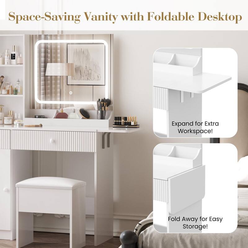 Space-Saving Vanity with Foldable Desktop

Expand for Extra Workspace!

Fold Away for Easy Storage!