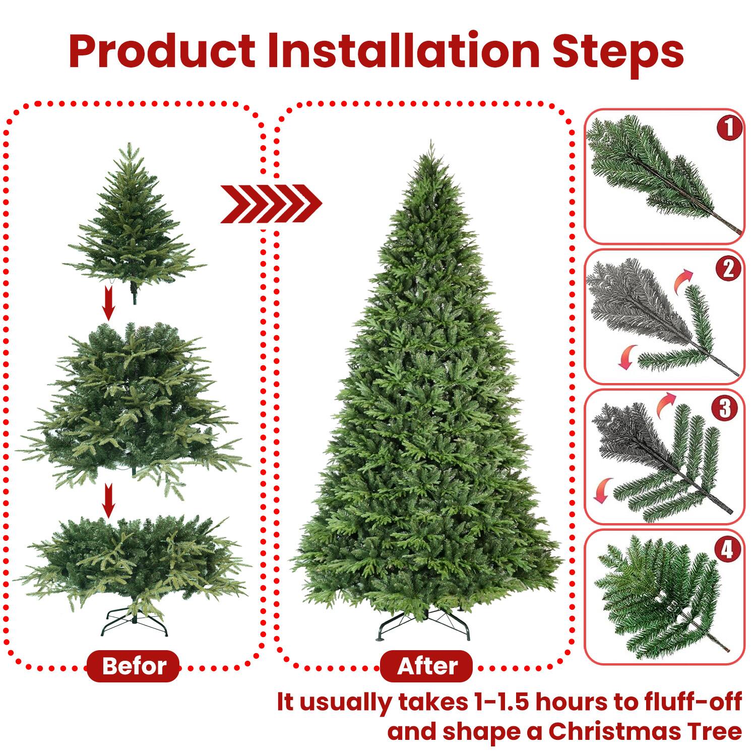 Product Installation Steps

Before After

It usually takes 1-1.5 hours to fluff-off and shape a Christmas Tree