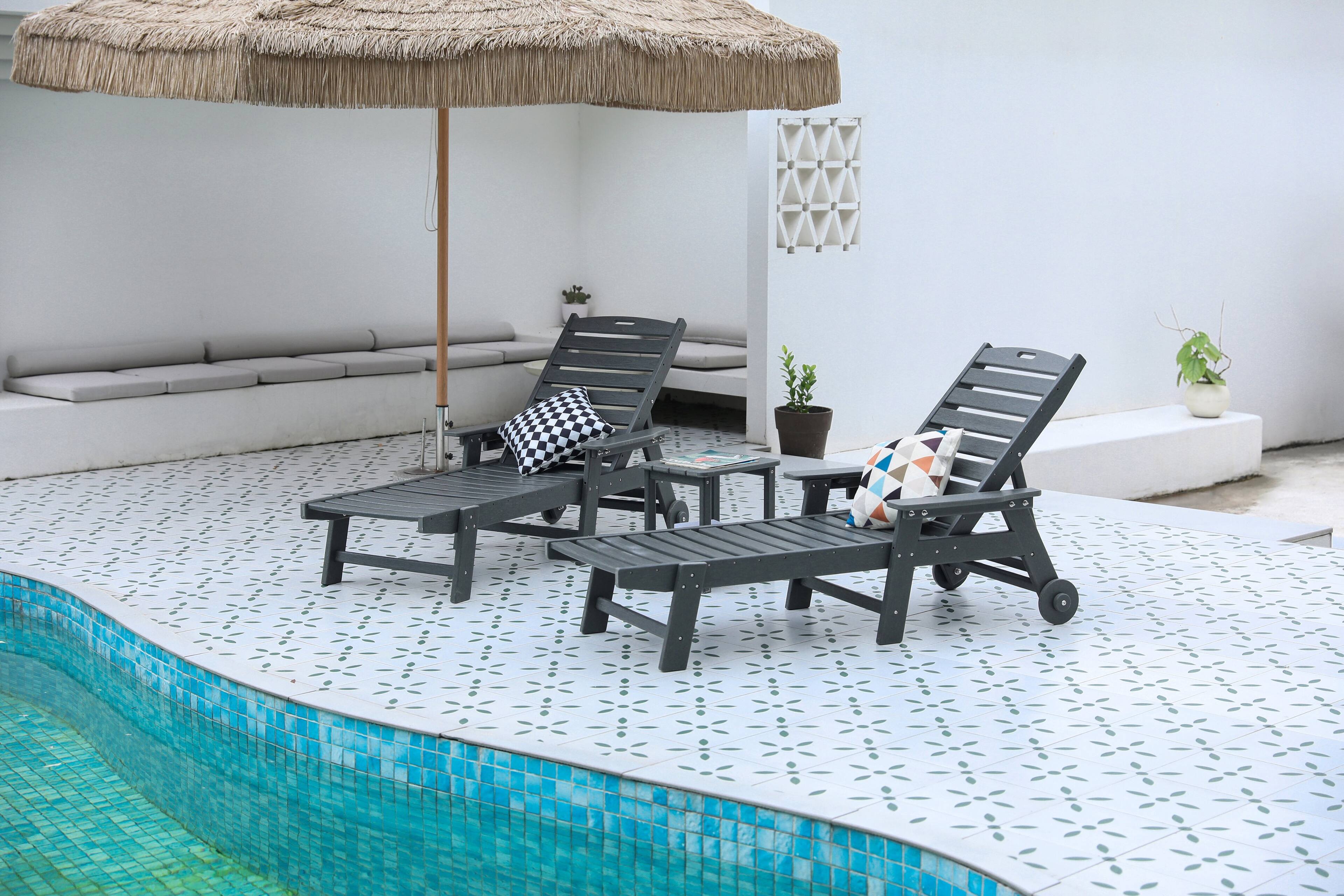 Front. Tiramisubest - 3-Piece Oversized Chaise Lounge Chair Set with 5 Positions,Wheels & Cup Holder(2 Lounge chairs and 1 Side Table),Grey - Gray.