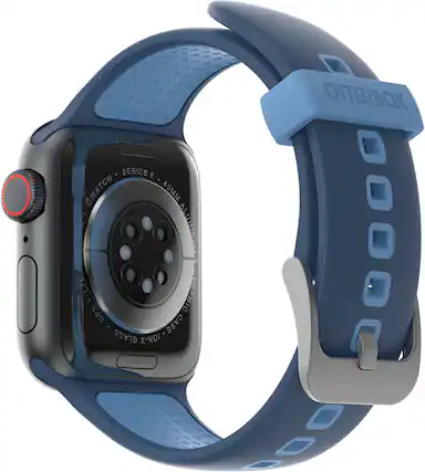 The image features a blue watch face with a black band and a blue strap. The watch is an Otterbox watch, which is known for its durability and protection. The watch face is 40mm in size and has a GPS feature, making it a great choice for outdoor activities or those who enjoy tracking their location. The watch is also equipped with a ceramic case, adding to its overall appeal and functionality.