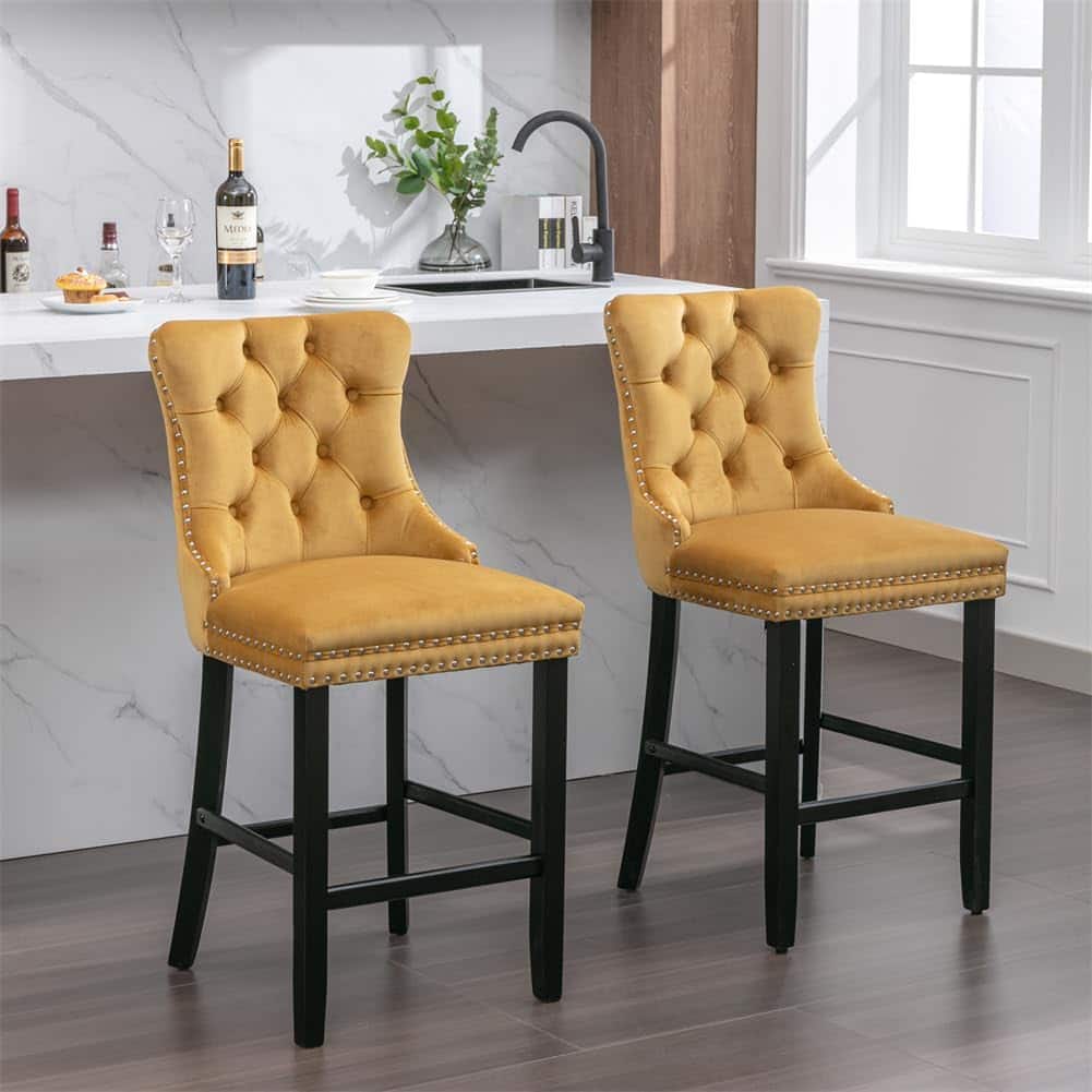 GARVEE - Set of 2 Contemporary Velvet Upholstered Bar Stools with Button Tufted Decoration, Wooden Legs and Chrome Nailhead Trim - Gray