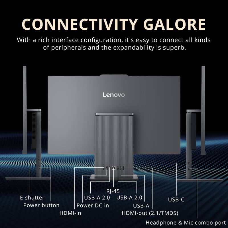 **CONNECTIVITY GALORE**

With a rich interface configuration, it's easy to connect all kinds of peripherals and the expandability is superb.

- Lenovo
  - RJ-45
  - USB-A 2.0
  - USB-A 2.0
  - USB-C
  - Power button
  - Power DC in
  - HDMI-in
  - HDMI-out (2.1/TMDS)
  - Headphone & Mic combo port
