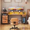 Front. Furnulem - Gaming Desk with LED Lights Power Outlets Monitor Stand Home Office Desk with 3 Fabric Drawers 1 File Cabinet - Brown.