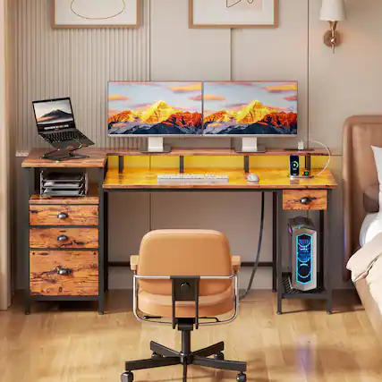 Front. Furnulem - Gaming Desk with LED Lights Power Outlets Monitor Stand Home Office Desk with 3 Fabric Drawers 1 File Cabinet - Brown.