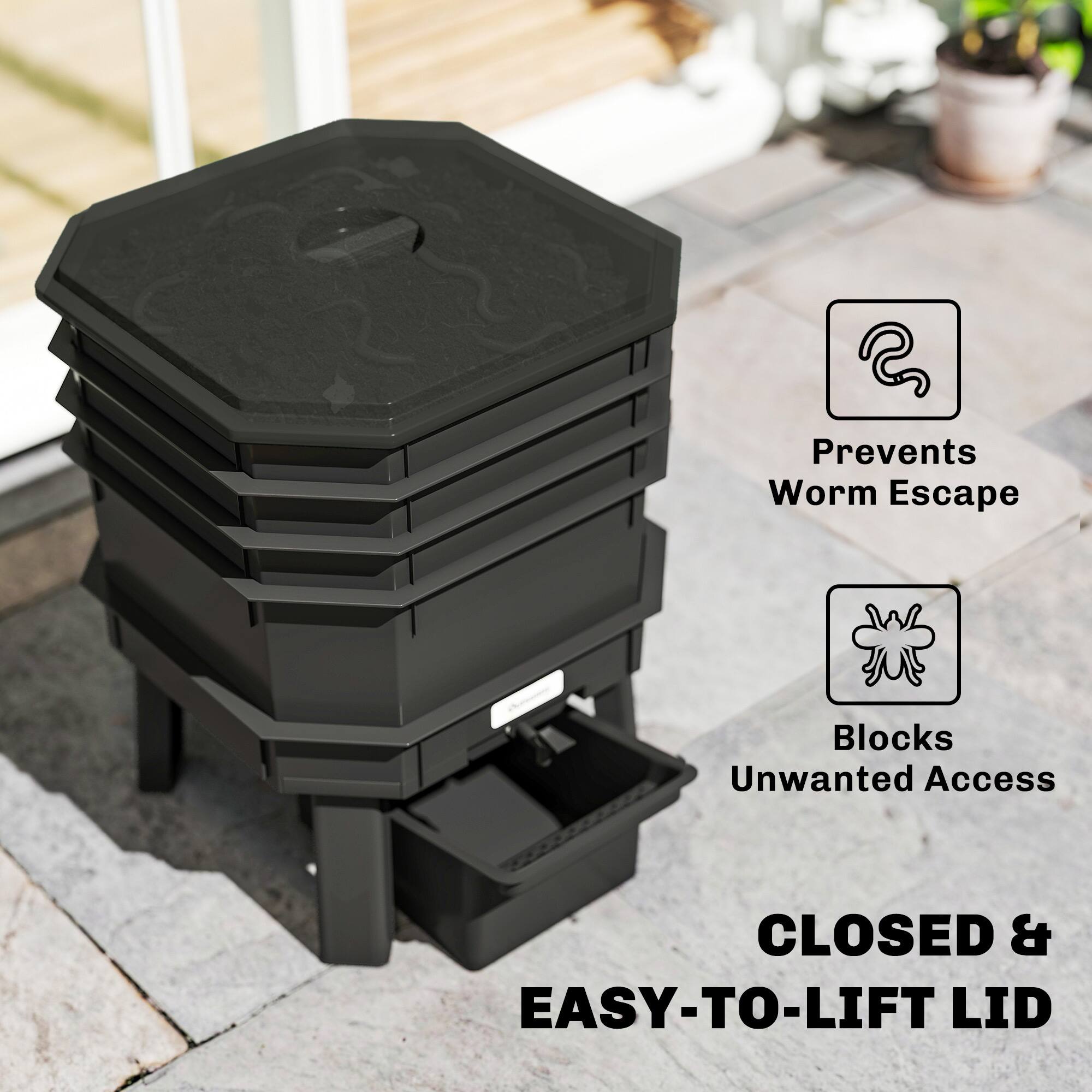 Prevents Worm Escape  
Blocks Unwanted Access  
CLOSED & EASY-TO-LIFT LID