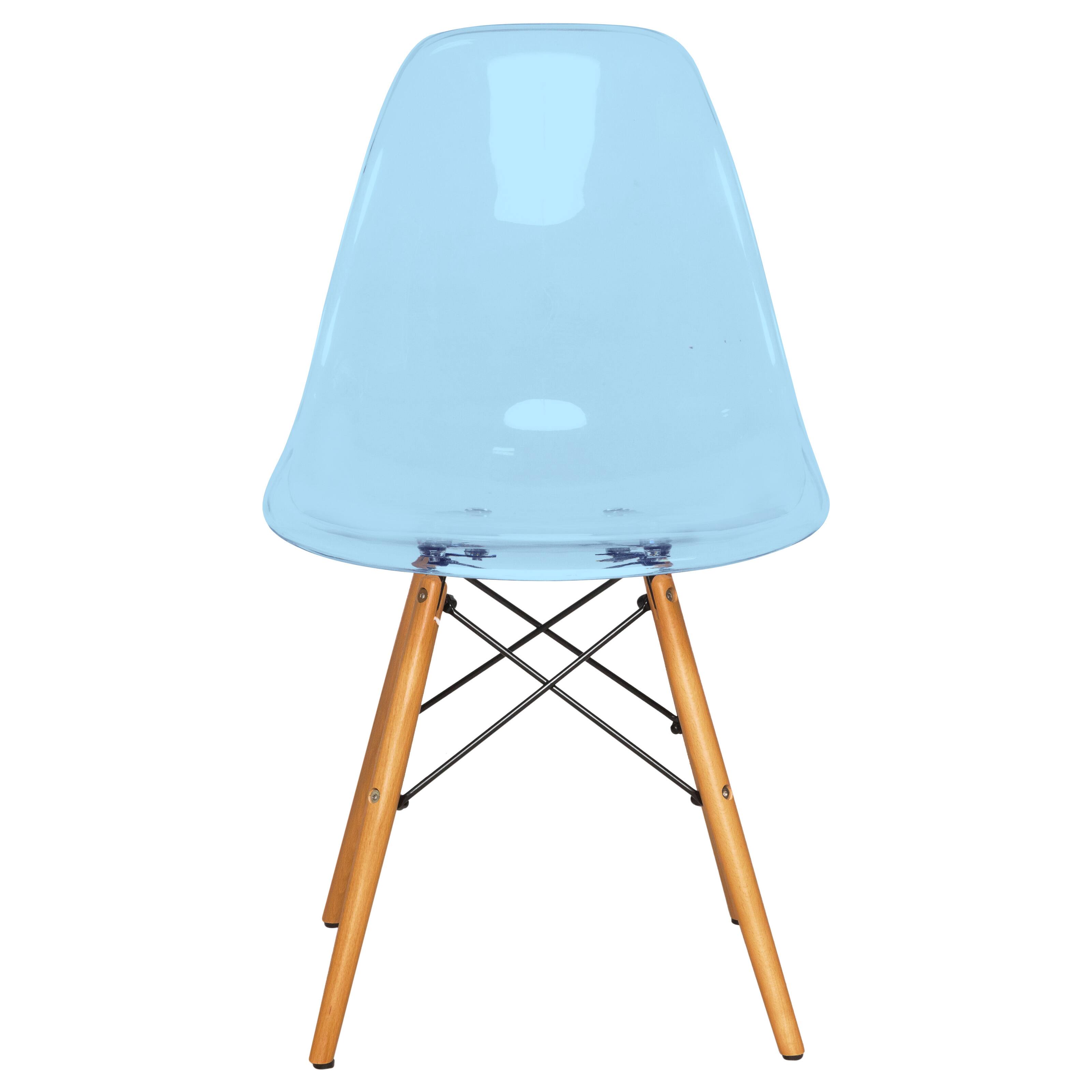 Back. LeisureMod - Dover Mid-Century Modern Dining Chair, ABS Plastic Seat with Wood Legs - Transparent Blue.