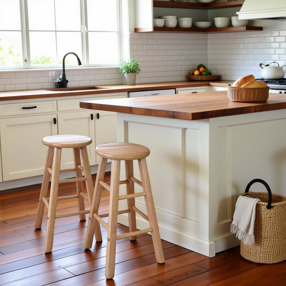 Alt View 4. FurniFact - Natural Solid Wood Kitchen Stools Set of 2, Bar Chairs for Counter Seating - Natural.