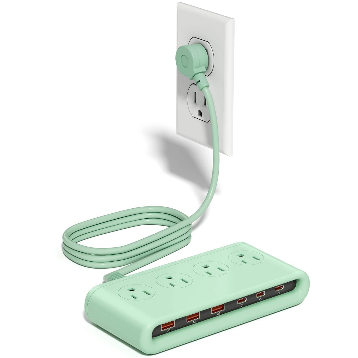 Dazzed Corner - Power Strip with USB-C 35W, 5FT Flat Plug Extension Cord - Green