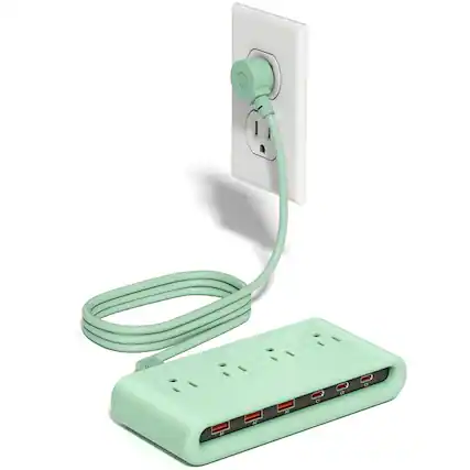 Front. Dazzed Corner - Power Strip with USB-C 35W, 5FT Flat Plug Extension Cord - Green.