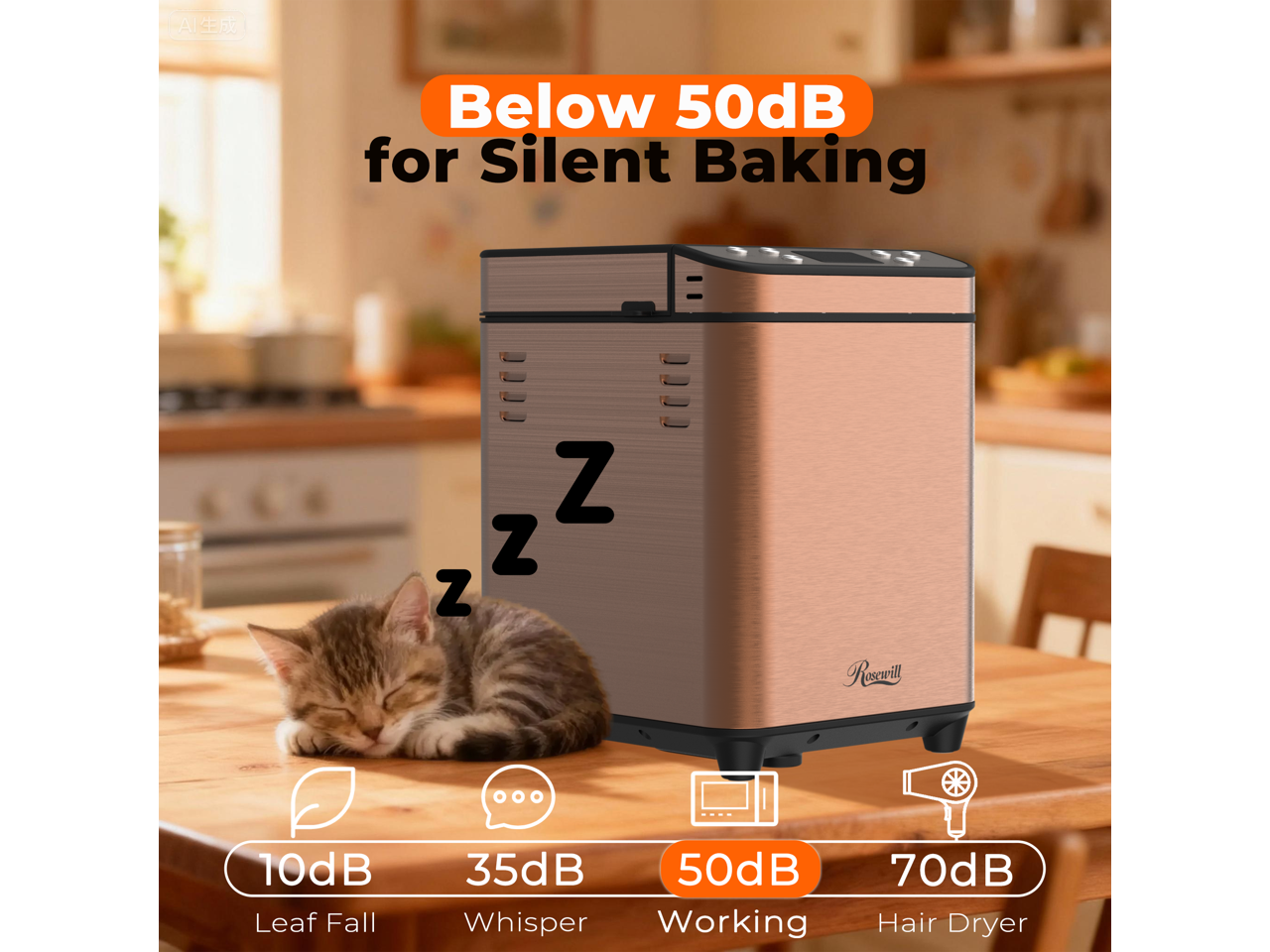 AI Below 50dB for Silent Baking  
Z Z Z  
Resarill  
10dB Leaf Fall  
35dB Whisper  
50dB Working  
70dB Hair Dryer