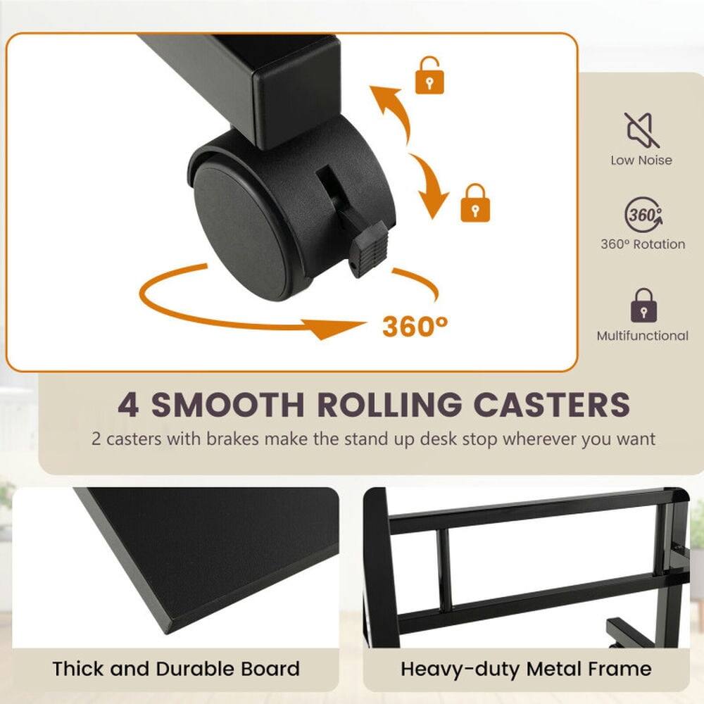 - Low Noise
- 360° Rotation
- Multifunctional
- 4 Smooth Rolling Casters
  - 2 casters with brakes make the stand up desk stop wherever you want
- Thick and Durable Board
- Heavy-duty Metal Frame
