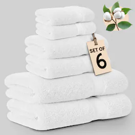 Lux Decor Collection - 6-Piece Bath Towel Set Soft 100% Cotton Zero Twist, Highly Absorbent & Quick-Dry Towels - White
