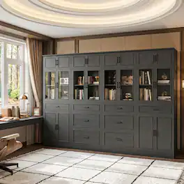 Aheaplus - 80" Tall Modular Bookshelf and Storage Cabinet Set – Glass Doors, Drawers for Living Room, Home Office & Dining Area - Black