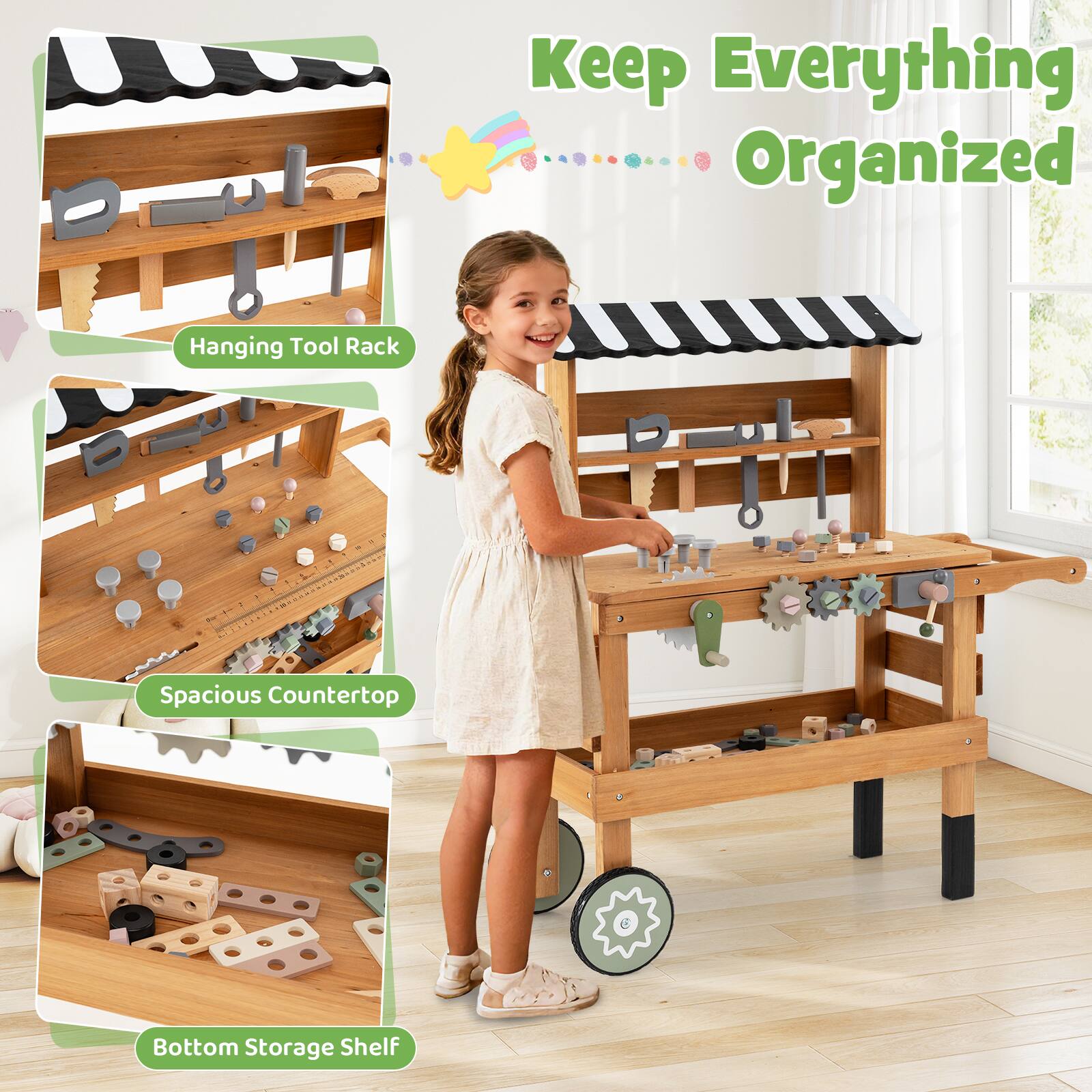 Keep Everything Organized

- Hanging Tool Rack
- Spacious Countertop
- Bottom Storage Shelf