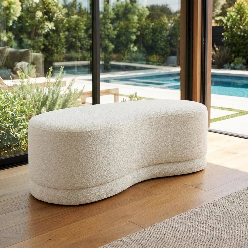 Left. Outdoor Escape - Outdoor upholstered ottoman bench with plush top for patio seating - Beige.