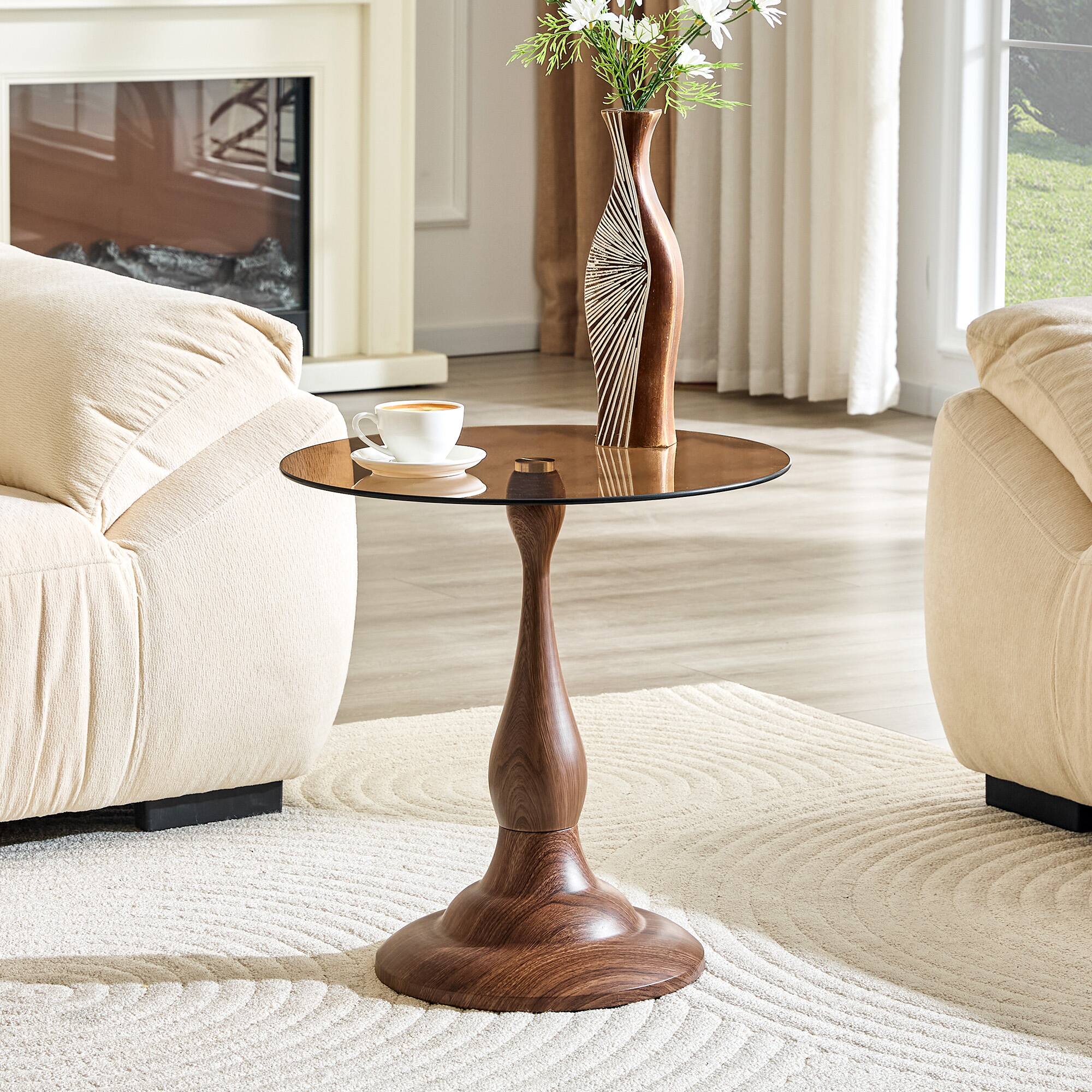 Front. Anysun - Small Metal Side Table – Modern Round-Edge Table with Tempered Glass Top – Approx. 19.6" Diameter - Brown, Walnut.