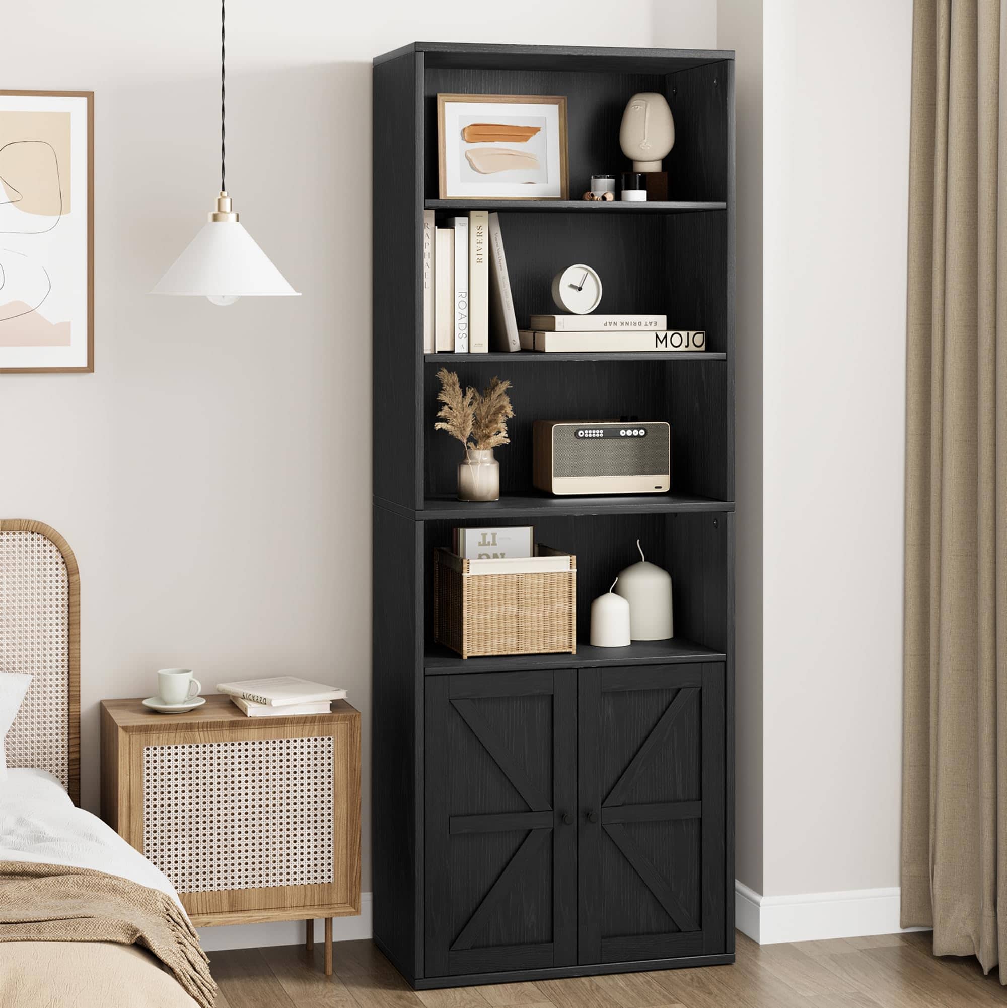 Acekool - 71.4 in Tall Bookshelf 6 Tier Bookcase with Barn Doors and Shelves, Farmhouse Book Shelf with Storage Cabinet - Black