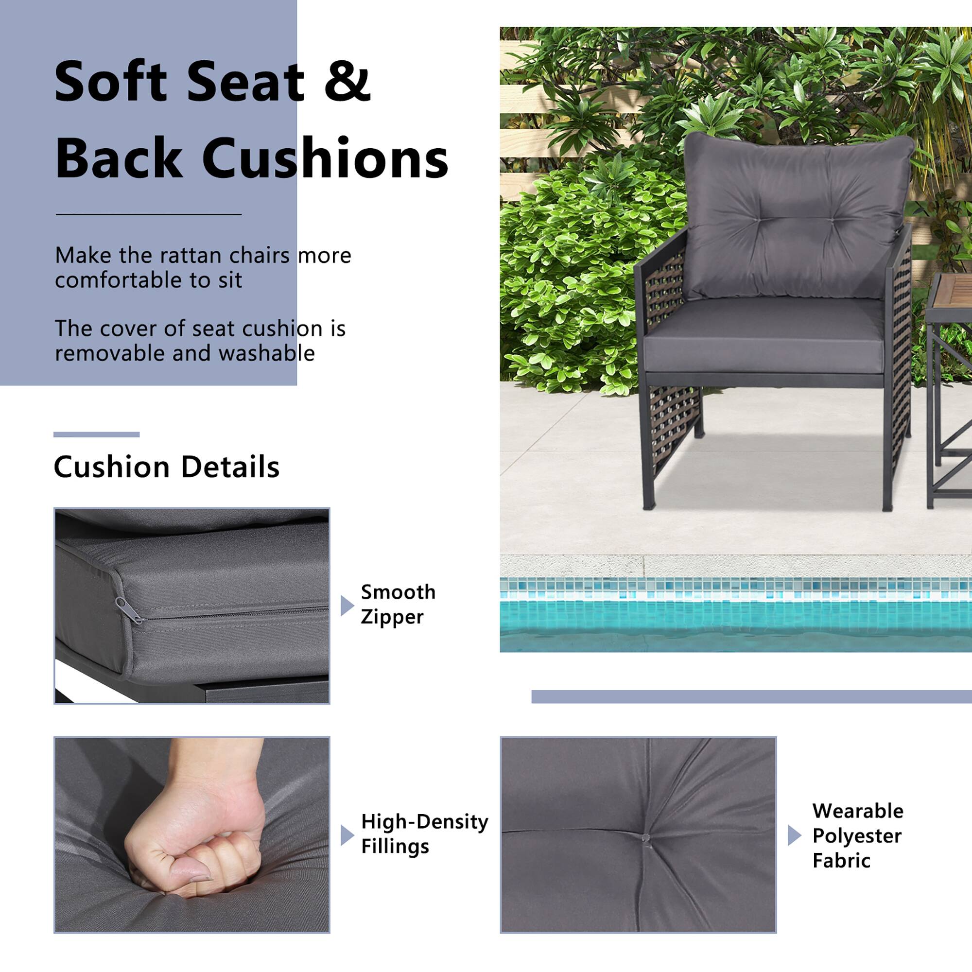 Soft Seat & Back Cushions

Make the rattan chairs more comfortable to sit

The cover of seat cushion is removable and washable

Cushion Details

- Smooth Zipper
- High-Density Fillings
- Wearable Polyester Fabric
