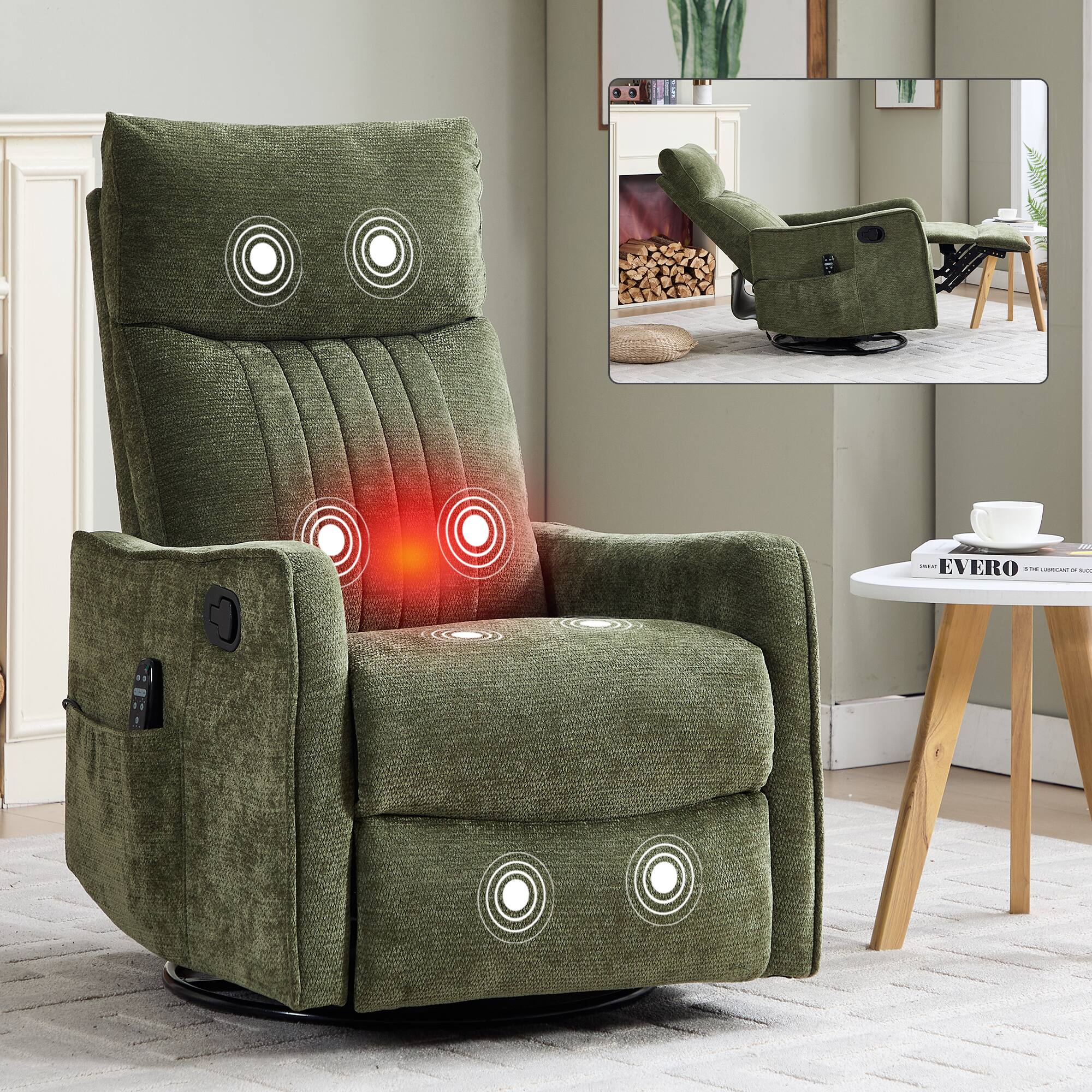 Angle. LUCKY ONE - Chenille Manual Recliner Chair with 360° Swivel, Rocker, Massage and Lumbar Heat - Antique Green.