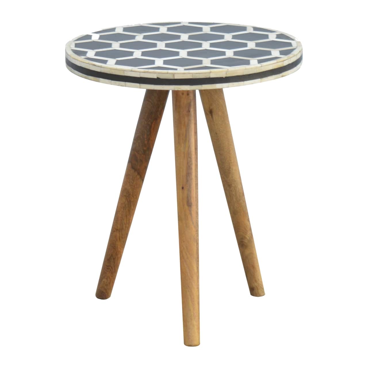 Artisan Furniture - Solid Wood Bone Inlay Tripod Stool, Black and White - White and Black