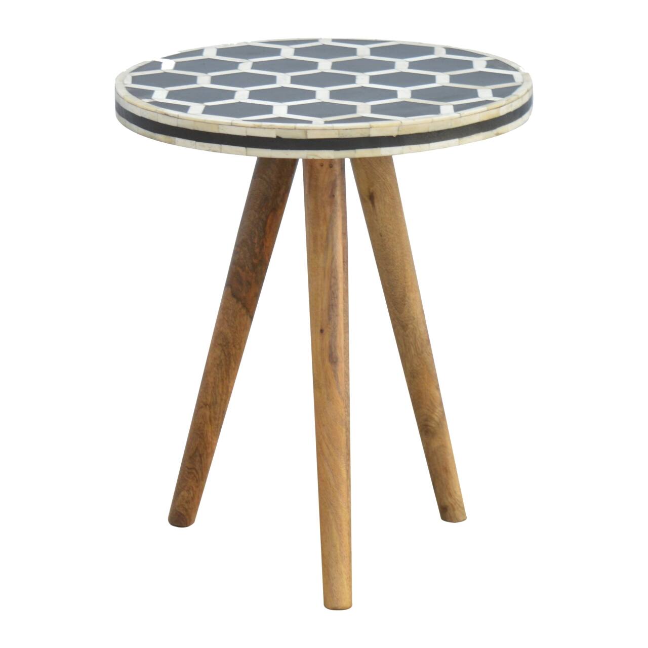 Front. Artisan Furniture - Artisan Furniture Solid Wood Bone Inlay Tripod Stool, Black and White - White and Black.