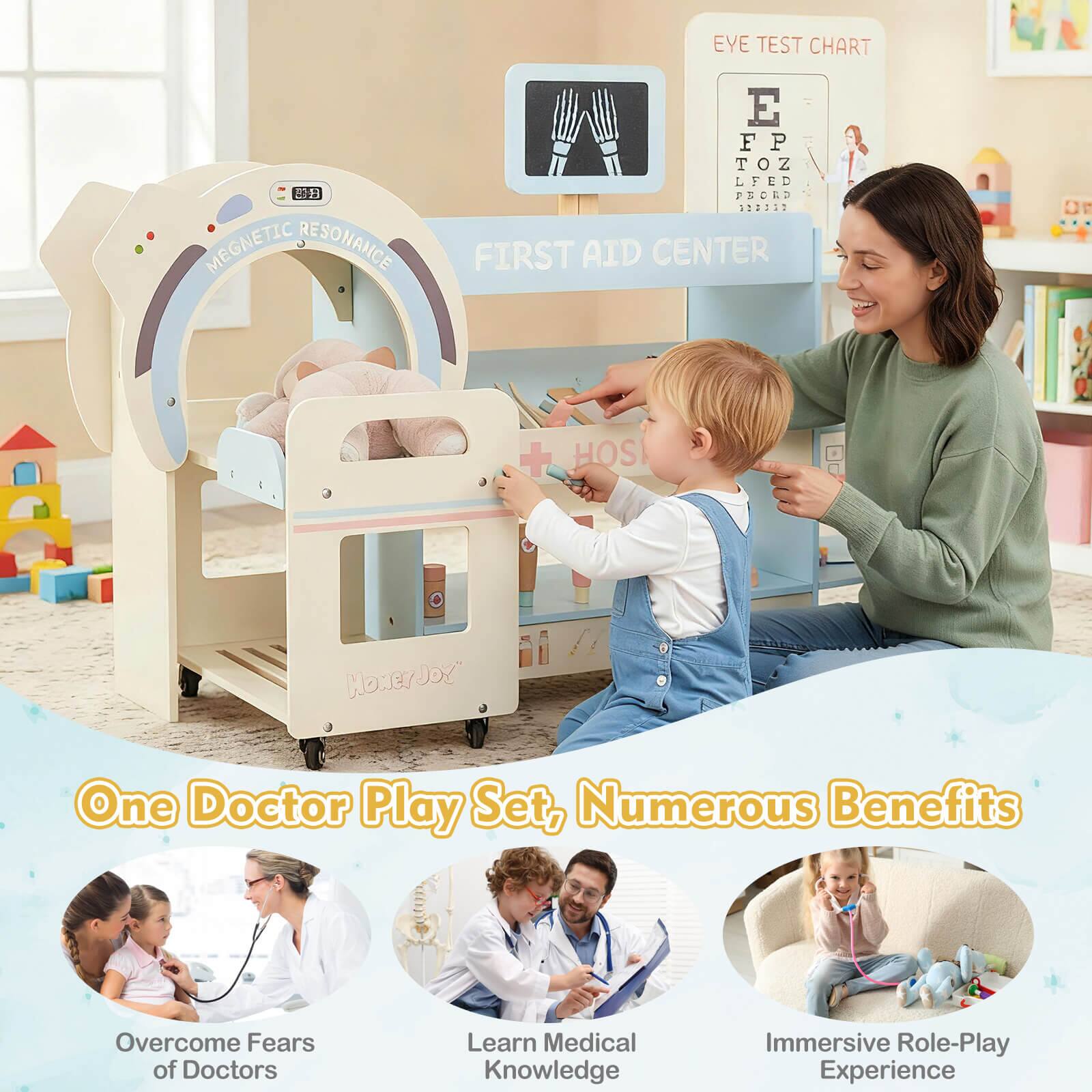 MAGNETIC RESONANCE  
EYE TEST CHART  
FIRST AID CENTER  
Dr. HOSI HOKERJOY  

One Doctor Play Set, Numerous Benefits  
Overcome Fears of Doctors  
Learn Medical Knowledge  
Immersive Role-Play Experience
