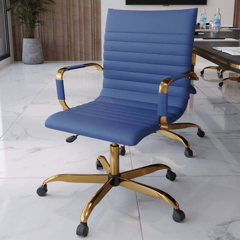Angle. LeisureMod - Harris Mid-Back Office Chair, Leather Upholstery with Gold Metal Frame Modern Armless Desk Chair for Conference Seating - Navy Blue.