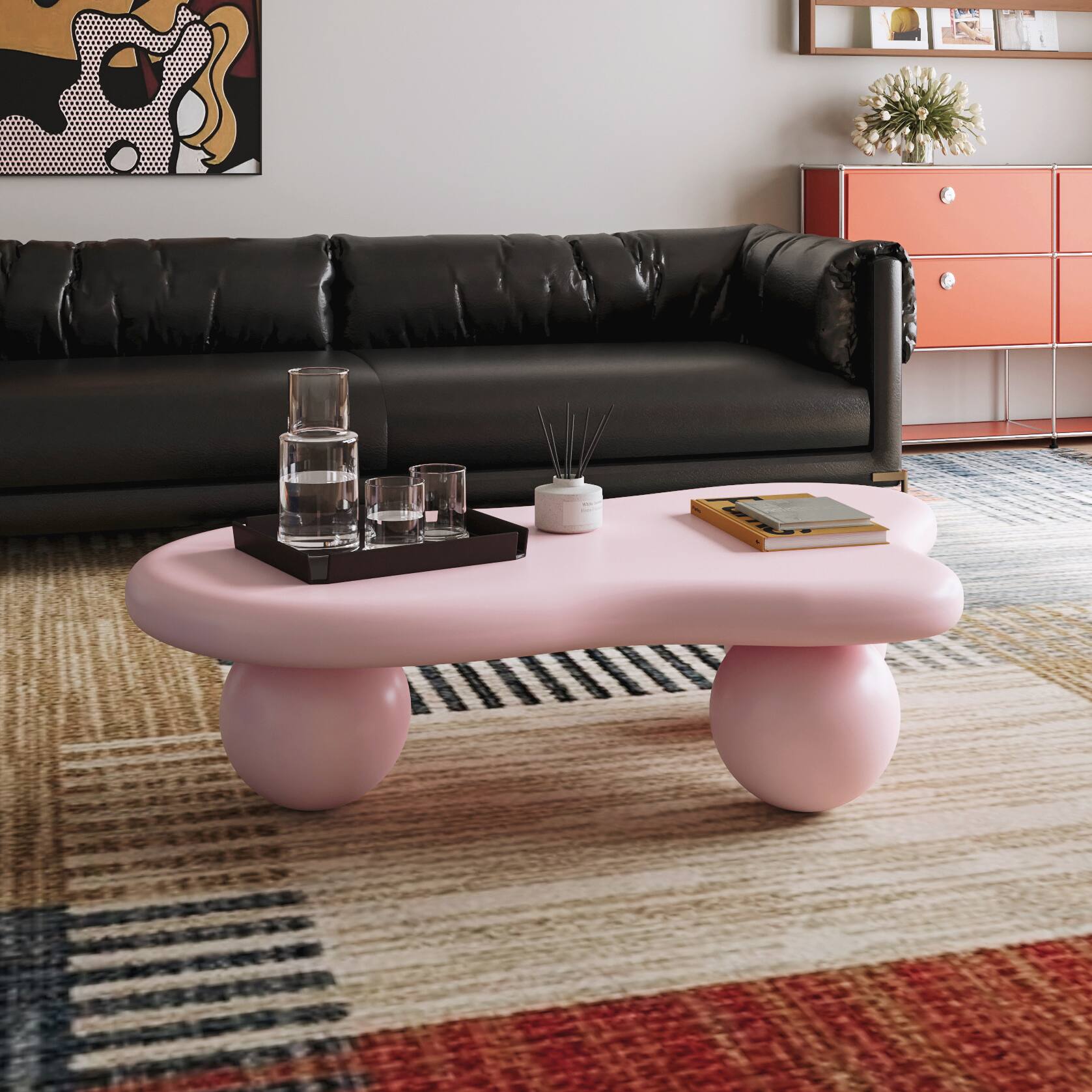 Alt View 2. Loheer - Loheer 47 Inch Cloud Shaped Coffee Table Pink Low Profile Center Table with Ball Legs for Living Room - Pink.